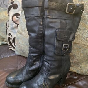 Report Black Leather Mid-Calf Heeled Riding Boots with Buckle Pocket